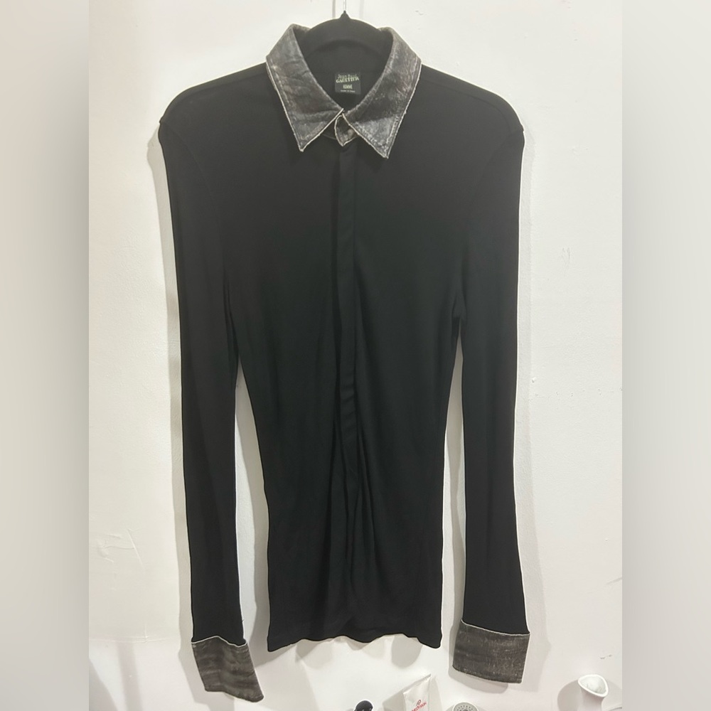JEAN PAUL GAULTIER HOMME Sheer Black Slim Shirt Zipper Leather Collar/Cuffs S - Picture 6 of 13
